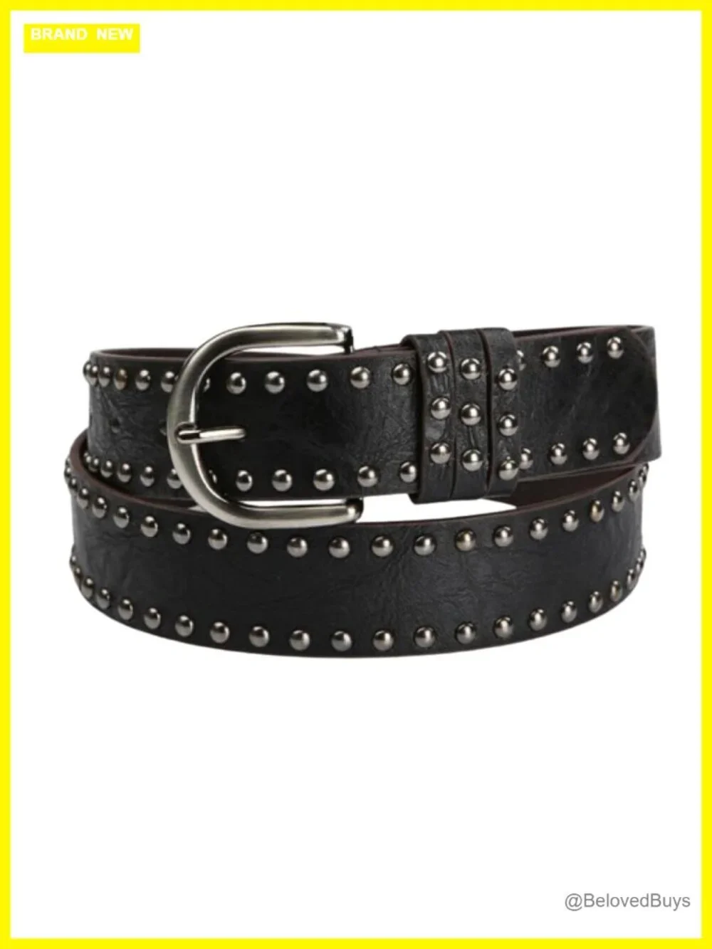 Women's Studded Faux Leather Belt with Silver Buckle, Punk Rock Waist Cincher
